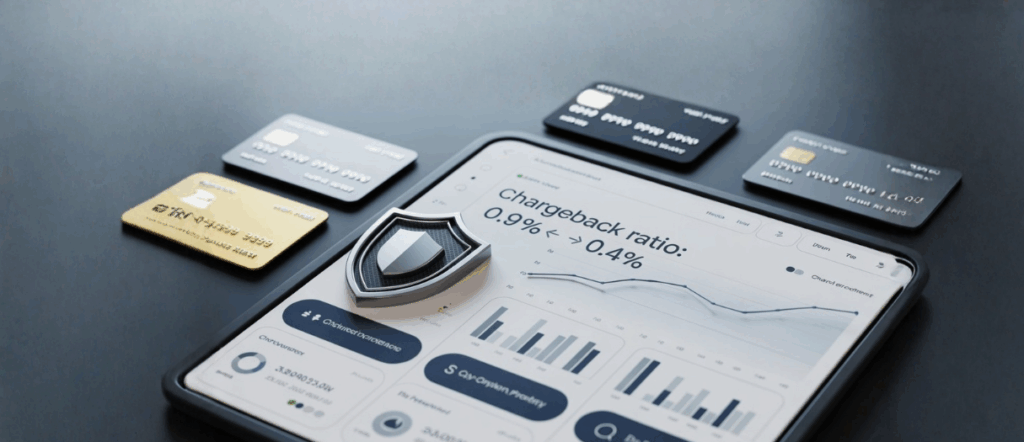 Dashboard showing declining chargeback ratio and merchant payment analytics with shield icon representing fraud prevention.