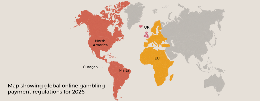Map showing global online gambling payment regulations for 2026