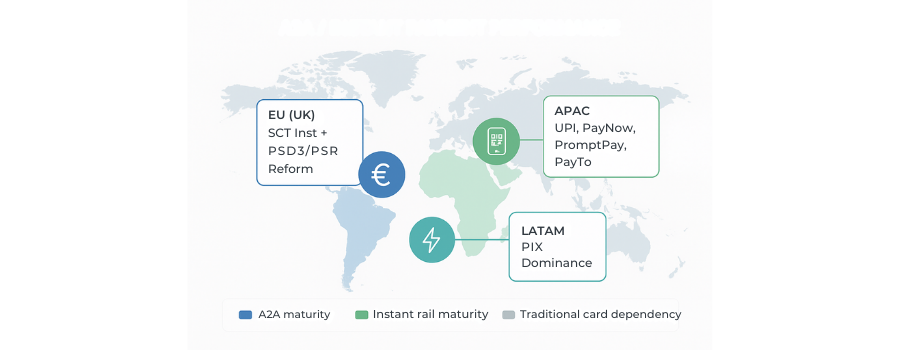 A2A/instant payment performance varies across Europe (EU/UK), APAC and LATAM.