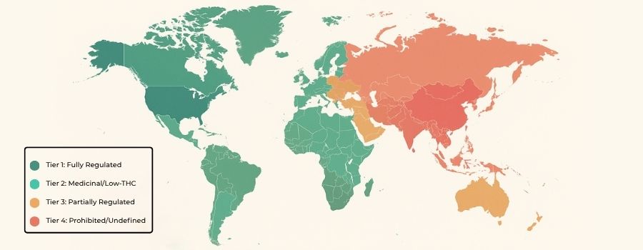 map showing global CBD regulatory tiers highlighting Canada UK EU Brazil Australia with payment processing feasibility levels