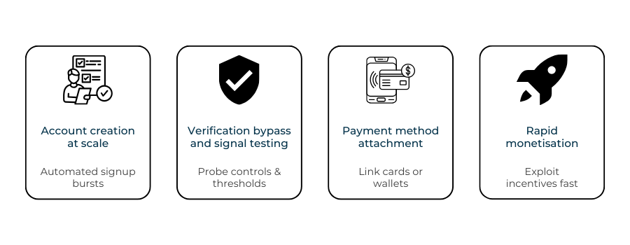 Infographic showing the stages of bot-driven onboarding from account creation to monetisation