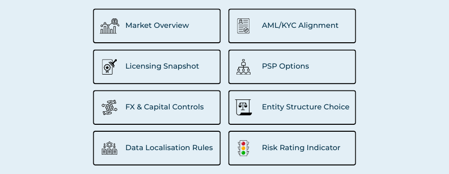 Infographic of a structured compliance intake sheet for assessing licensing, FX controls, data rules, AML alignment and PSP requirements
