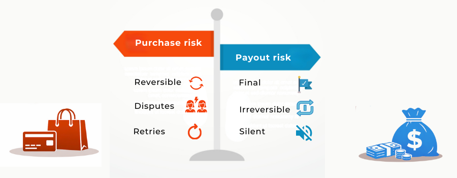 Visual comparison showing why payout risk is more severe than purchase risk in impersonation fraud
