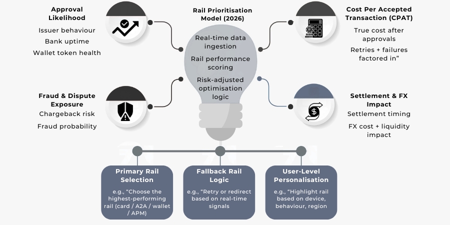 Framework diagram showing how cost, approval rate, fraud and settlement feed into rail selection.