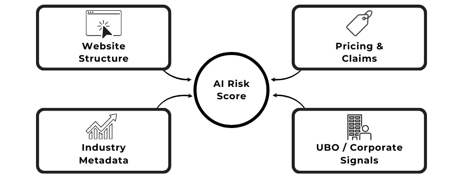 Diagram showing AI underwriting inputs including website structure, pricing, metadata, and UBO intelligence