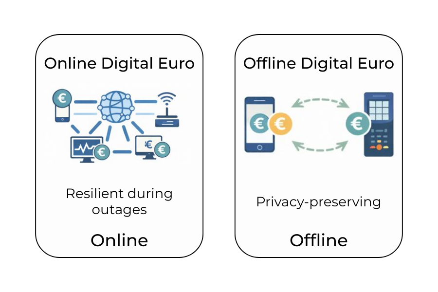 Comparison of online and offline digital euro payment usage models.