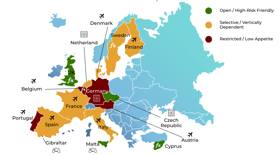 European map showing regional PSP/acquirer appetite for high-risk merchants divided into open, selective and restricted clusters