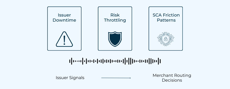 Visual breakdown of real-time issuer health indicators such as downtime, throttling and SCA friction.