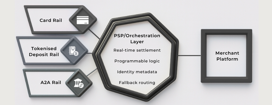 Diagram showing how card rails, tokenised deposit rails, and A2A payment systems connect through a single orchestration layer