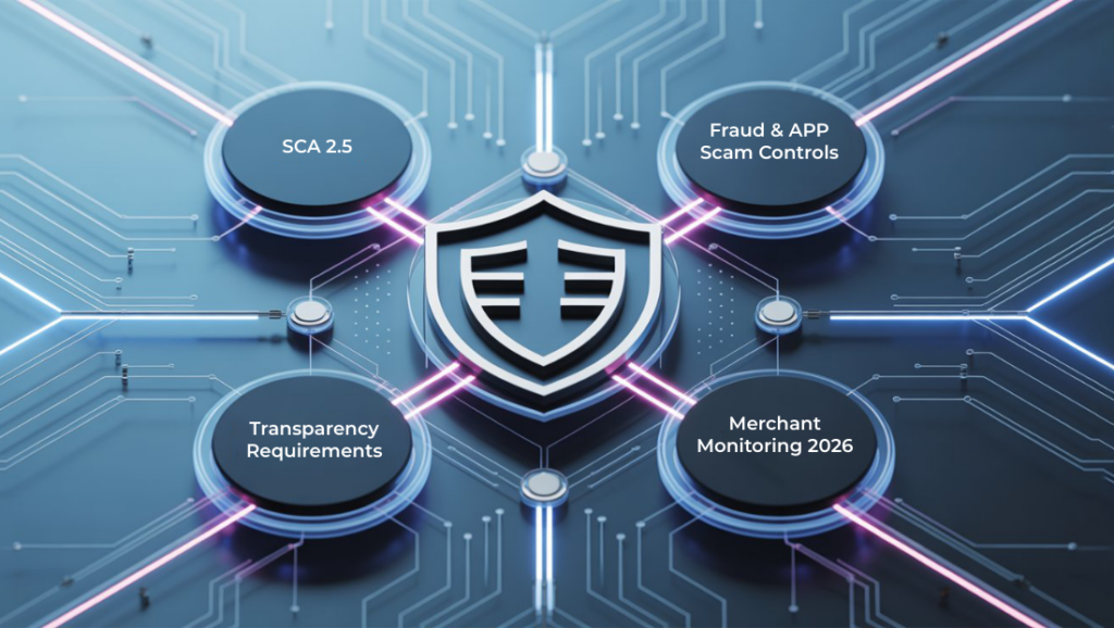 Data-driven PSD3 and PSR compliance ecosystem showing authentication, fraud, transparency and regulatory monitoring requirements for 2026.