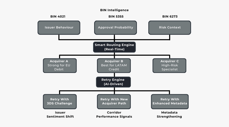Diagram showing BIN-level routing, corridor-based decisions, and AI-powered retry logic
