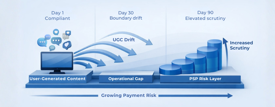 Diagram illustrating how payment risk emerges from user-generated content drift in adult and dating platforms.