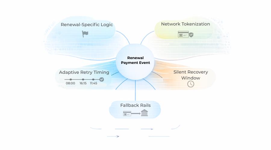 Illustration showing smarter payment design elements for subscription renewals.