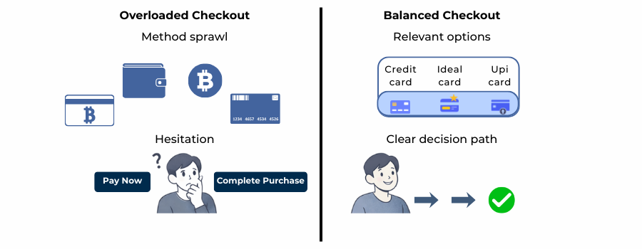 Diagram showing how too many payment methods reduce checkout clarity and performance.