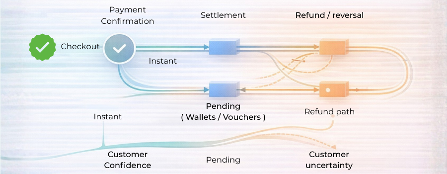 Illustration showing how different APMs behave after checkout through settlement and refunds.