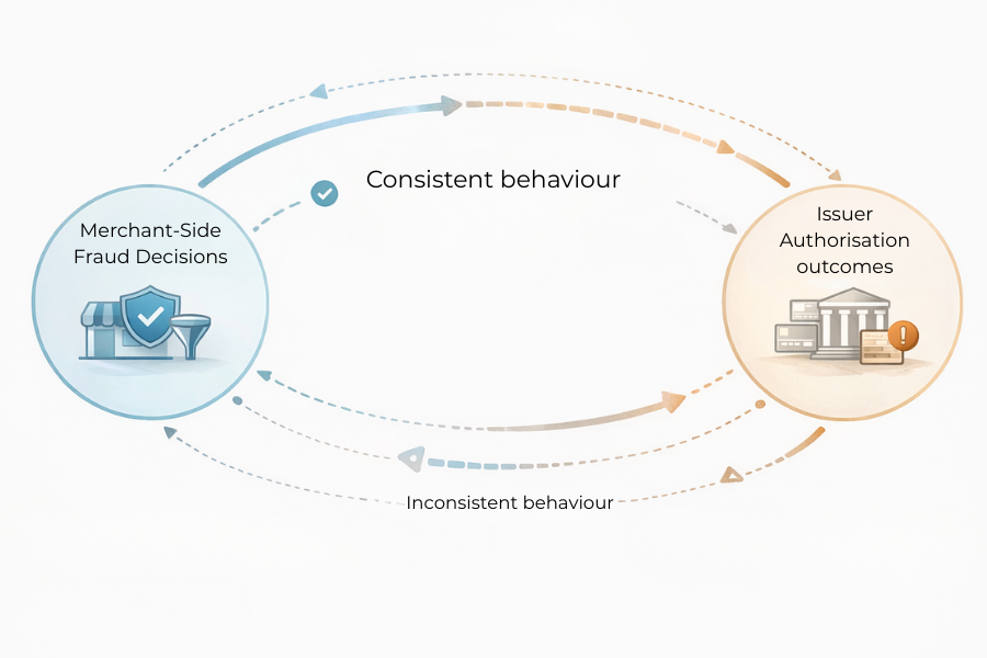 Diagram showing how merchant fraud decisions influence issuer approval behaviour over time.