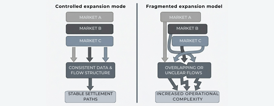 Diagram comparing controlled versus fragmented payment behaviour during multi-market expansion.