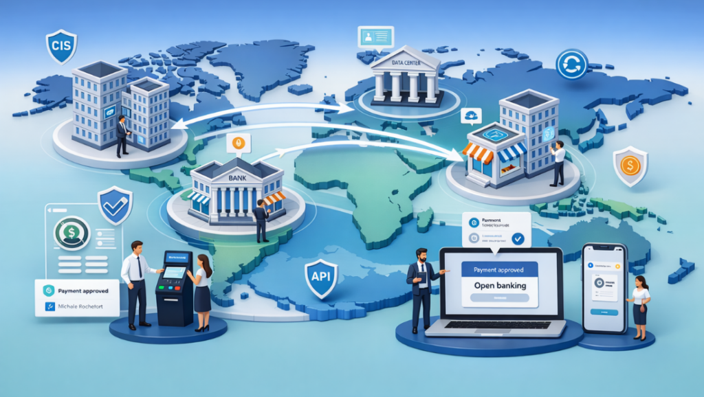 Illustration showing merchants scaling open banking payments consistently across multiple markets in 2026.
