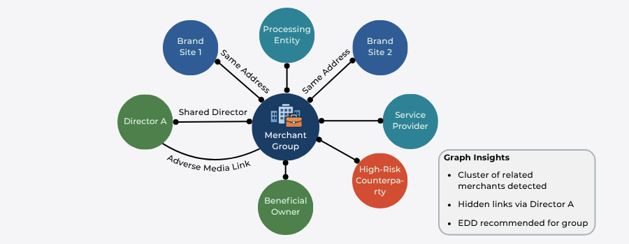 Merchant relationship graph showing a central merchant group node linked to multiple brands, entities and individuals, with high‑risk connections highlighted and an insights panel recommending enhanced due diligence