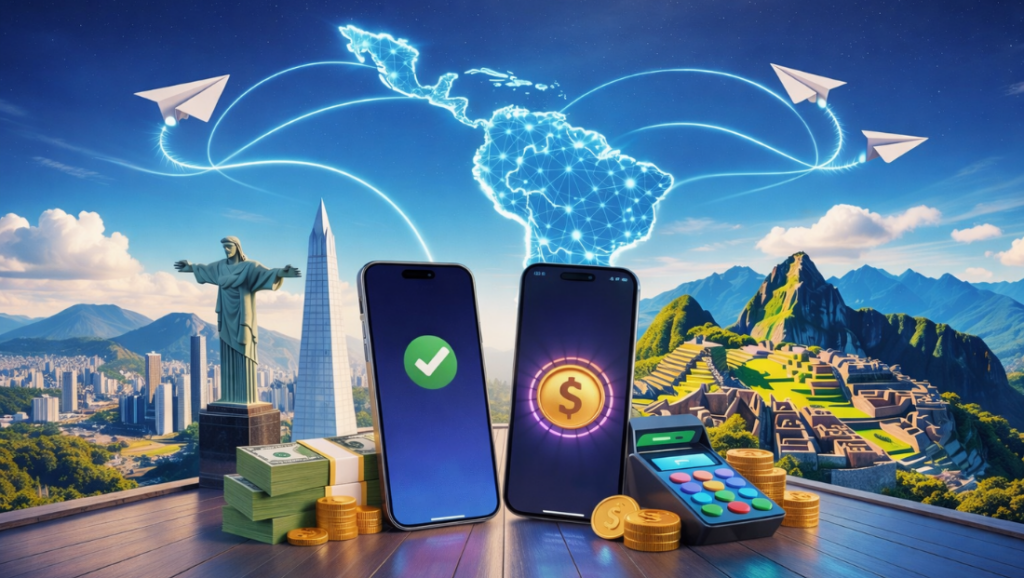 Hero illustration showing a central smartphone with a QR payment confirmation surrounded by instant payment rail icons representing Brazil, Mexico, Colombia, Peru and Argentina, with a dashboard panel showing local versus offshore approval rates for high-risk merchants in LATAM