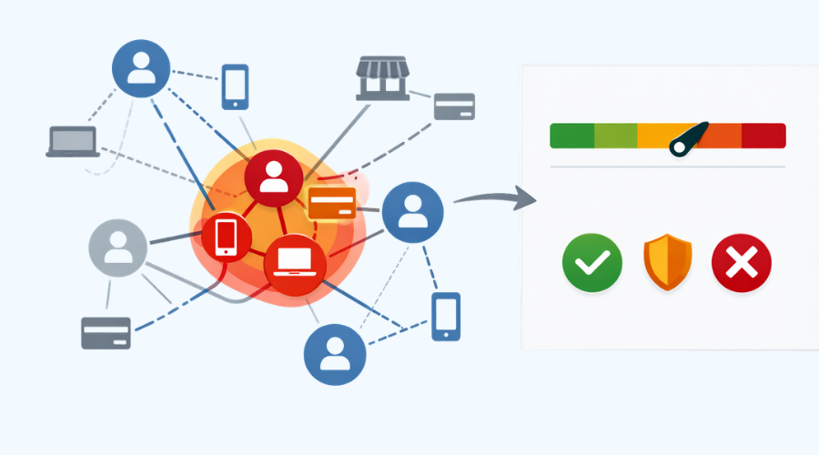 Diagram of a payment risk graph connecting customers, devices, cards and merchants to a risk gauge and icons for approval, step-up and block decisions.