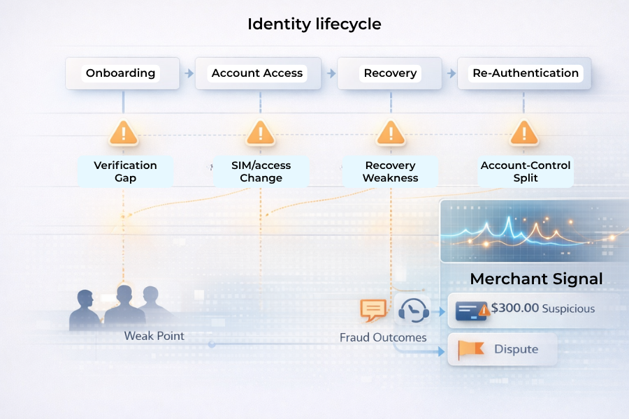 Identity weakness in mobile money systems showing onboarding, account recovery and access control gaps affecting fraud detection