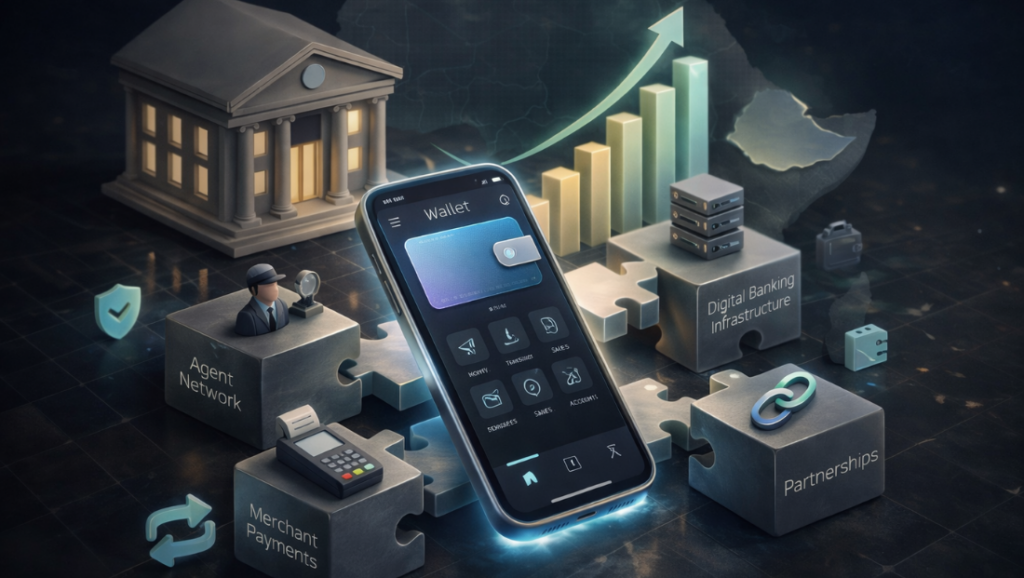 Interoperable mobile money in Africa showing wallet, bank and instant payment systems connected through a unified merchant payment layer