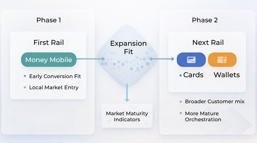 Merchant rail sequencing framework showing mobile money first and cards next as part of staged expansion in Africa