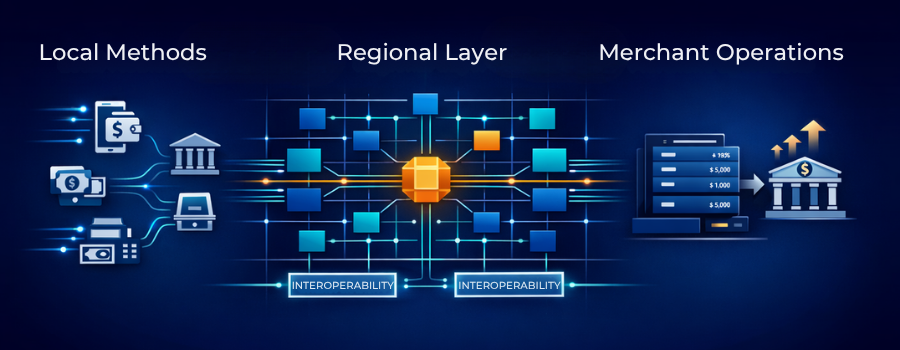 Regional payments infrastructure in Francophone West Africa showing WAEMU-style coordination and merchant payment architecture